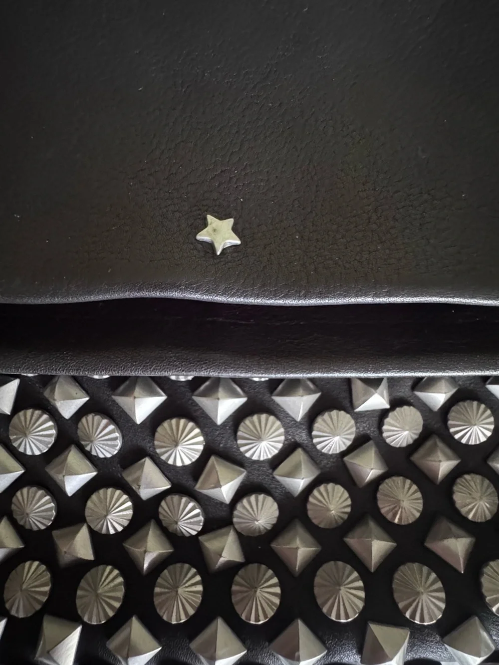Ash Black Real Leather Fold-Over Clutch with Silver Studded Panel